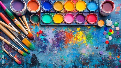 A pride-themed art desk with rainbow paint palettes, glitter, acrylics, brushes in mugs, and pride pins scattered across a textured background. Created Using: chaotic artistic styling,