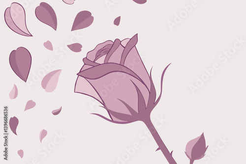 Beautiful rose silhouette with drifting petals, romantic vector for botanical-themed wall art, greeting card illustrations, wedding branding, or poetic floral designs.