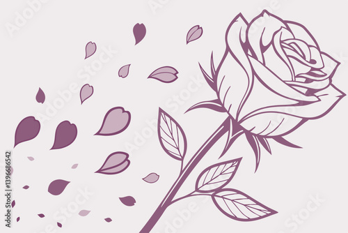 Romantic rose bloom with petal drift in classic silhouette, floral vector for poetic decor, greeting card design, Valentine’s art, or wedding-themed illustrations.