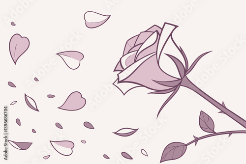 Windblown rose petals and stem silhouette design, vintage floral vector for love themes, poetic art prints, minimalist tattoos, Valentine’s graphics, or romantic wall decor.