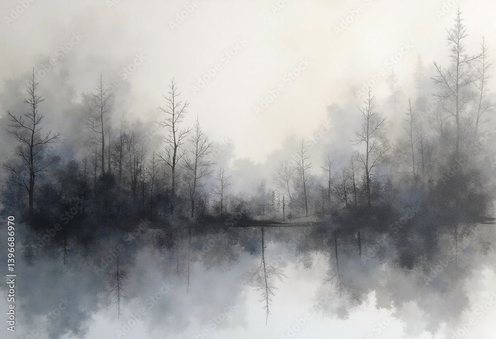 Fototapeta premium Misty Lake Landscape With Bare Trees Reflections Serene Nature Scene Artwork