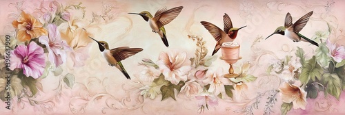 Four hummingbirds fly among flowers on a pink and white background.