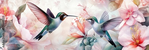 Two hummingbirds hover among pink flowers in a soft watercolor style.