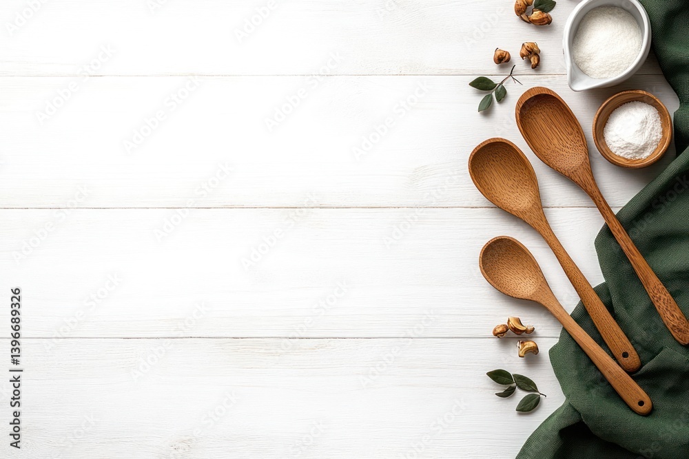 Green Tablecloth and Cooking Utensils on White Wooden Table, Top View for Product Displays