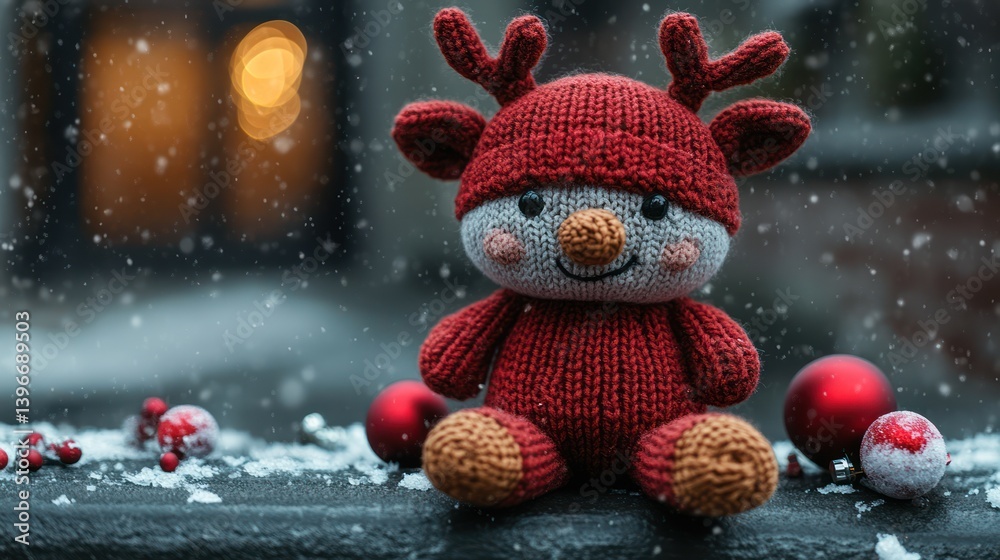 Cute Knitted Reindeer Rudolph on Black Concrete Wall for Winter Holiday Christmas Greeting Card Collection