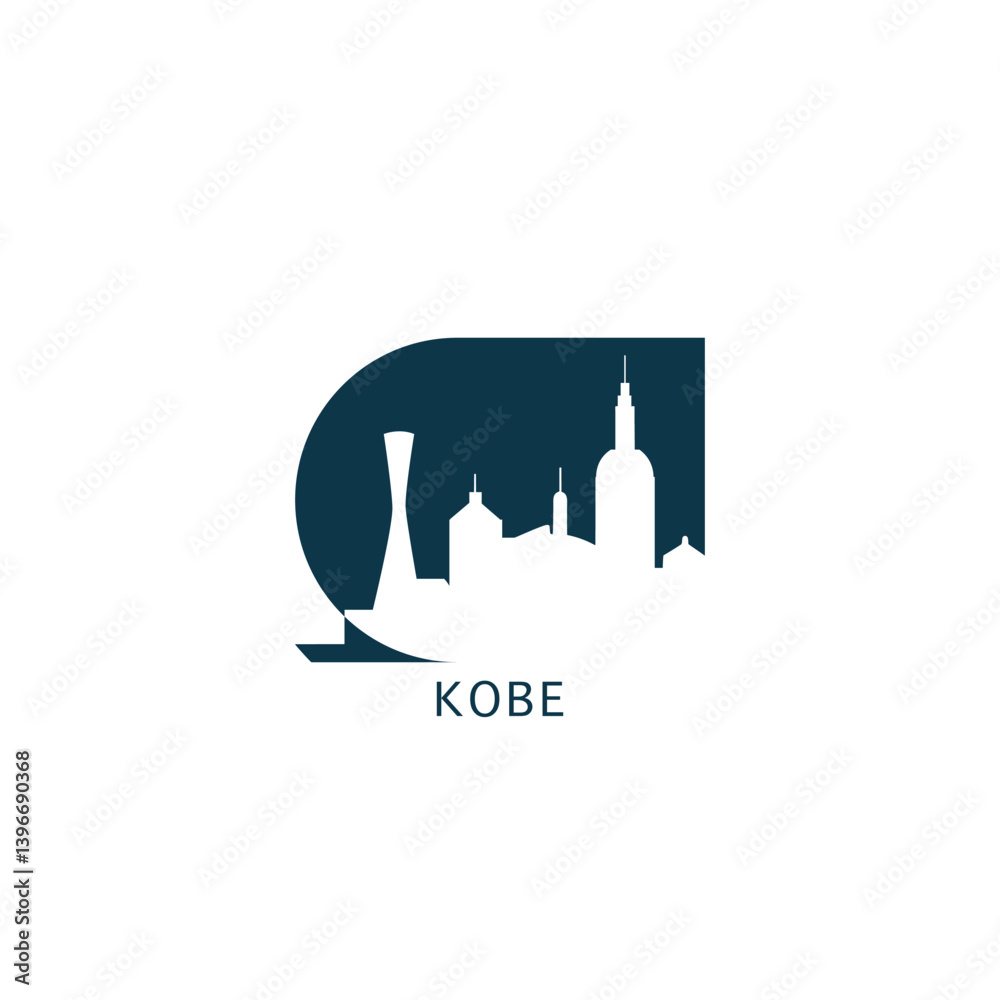 Kobe vector icon with skyline, panoramic view, city shape. Japan landmarks logo concept. Blue flat isolated graphic, badge Kobe vector icon with skyline, panoramic view, city shape. Japan landmarks logo concept. Blue flat isolated graphic, badge