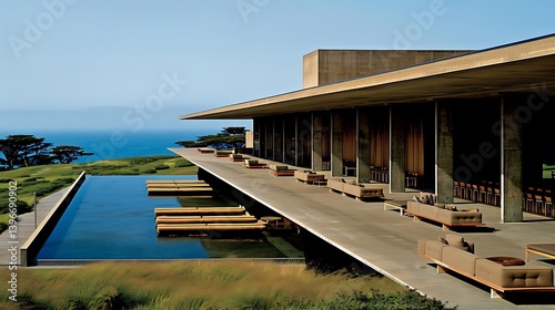 A modern, minimalist architectural structure overlooking a tranquil ocean vista, featuring a series of outdoor seating areas and a reflecting pool. photo