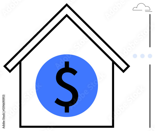 House outline with blue circle containing dollar sign, minimal style cloud and dots. Ideal for real estate, mortgages, investments, loans, finance, housing market savings. Flat simple metaphor