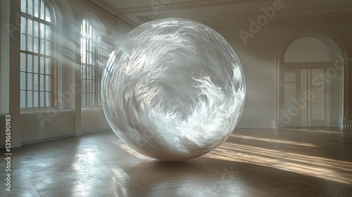 Hovering sphere of woven feathers and microfilaments, softly shimmering in morning light