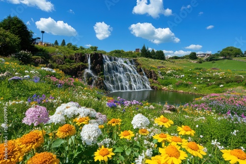 Obraz na płótnie Tranquil Waterfall Oasis: A Stunning Display of Untouched Nature with Crystal Clear Water, Lush Greenery, and Vibrant Flowers, Creating a Peaceful and Serene Atmosphere for All to Enjoy w salonie