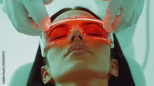 A woman with long black hair receiving a Thulium laser treatment on her glowing skin. Aesthetician in a white uniform using advanced laser equipment,