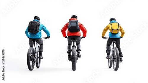 back view. Three friends on electric bicycles enjoying a scenic ride Over white Studio Background.