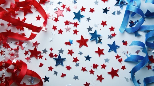 Patriotic flat lay with red and blue star confetti and ribbon on a white background. Festive and celebratory design
