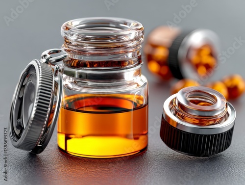 This image features an amber glass container designed for securely storing high-purity medicines in laboratory environments The container's amber hue protects light-sensitive compounds, ensuring