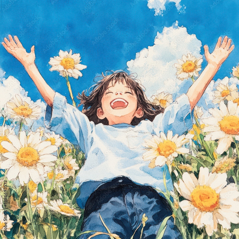 Joyful Young Girl Playing in Lush Green Meadow under Bright Sunny Sky, Evoking Freedom and Carefree Spirit with Soft Warm Tones, Perfect for Children's Book or Nature Magazine Cover