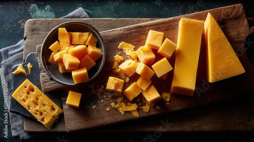 Appetizing cheese variety displayed on wooden cutting board
