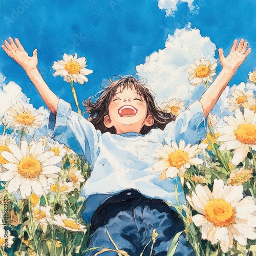 Obraz na płótnie Joyful Young Girl Playing in Lush Green Meadow under Bright Sunny Sky, Evoking Freedom and Carefree Spirit with Soft Warm Tones, Perfect for Children's Book or Nature Magazine Cover w salonie