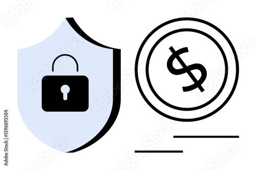 Shield with padlock conveying security alongside a dollar coin symbolizing financial matters. Ideal for themes of privacy, protection, money, security, finance, trust, cybersecurity. Flat simple