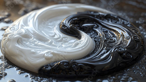 Yin-yang concept using melted matte black and glossy white liquid forms swirling together on smooth surface