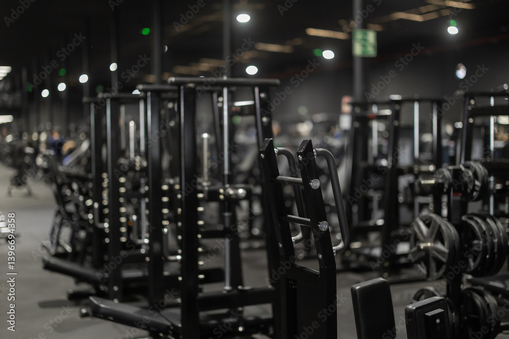 Fototapeta premium Interior of modern gym with black weight training machines for beginners and professional athletes. Beneficial and safe equipment for muscle strengthening and bodybuilding