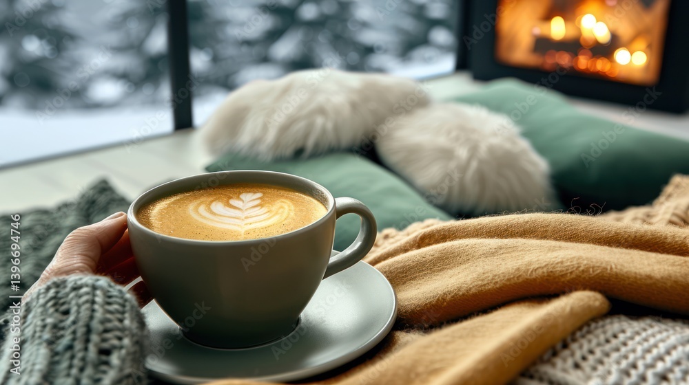 Cozy Winter Relaxation: Person Enjoying Coffee in Tranquil Setting with Plush Blankets, Fireplace, and Winter Wonderland View