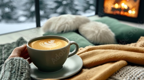 Obraz na płótnie Cozy Winter Relaxation: Person Enjoying Coffee in Tranquil Setting with Plush Blankets, Fireplace, and Winter Wonderland View w salonie