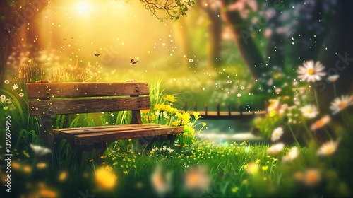 Fototapeta Naklejka Na Ścianę i Meble -  A serene wooden park bench nestled amidst a vibrant spring meadow.