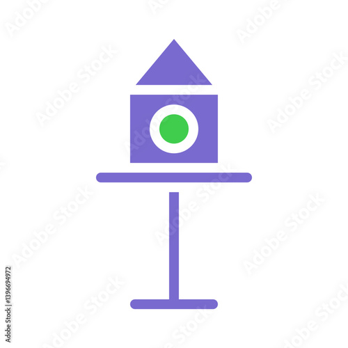 Stylized birdhouse illustration with geometric forms and soft color palette