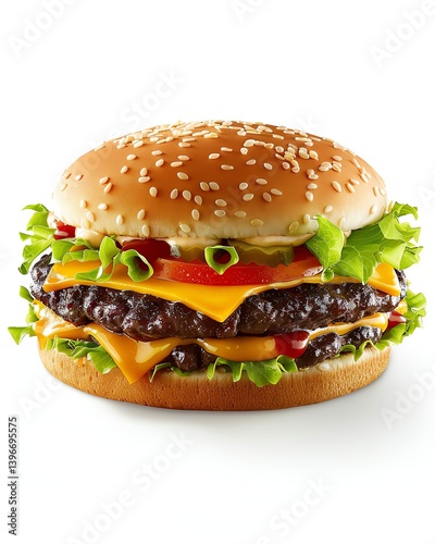 Delicious Double Cheeseburger with Lettuce and Tomato on a White Background