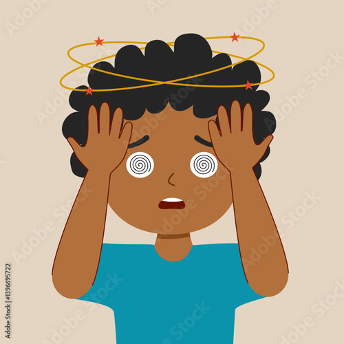 Sick kid feeling dizzy in flat design. Unwell boy with spinning stars above his head.