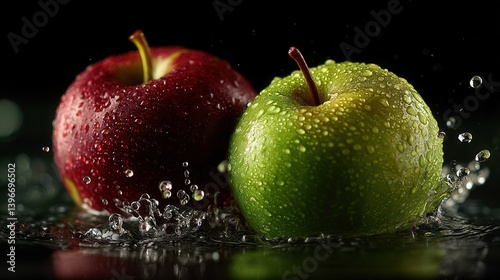 Fresh vibrant apples splashing in water against dark background