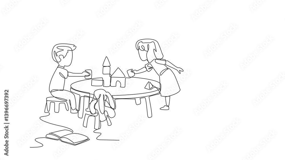 Animation of single line drawing the boys and girls sitting in kindergarten room. Exploring interests and talents. National Kindergarten Day. Continuous line self drawing animated. Full length motion Animation of single line drawing the boys and girls sitting in kindergarten room. Exploring interests and talents. National Kindergarten Day. Continuous line self drawing animated. Full length motion