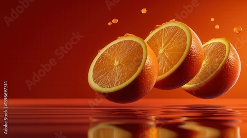 Vibrant orange slices floating above reflective surface against orange background
