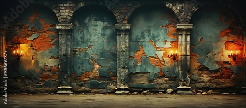 Abandoned Urban Interior with Crumbling Walls and Vintage Chandeliers
