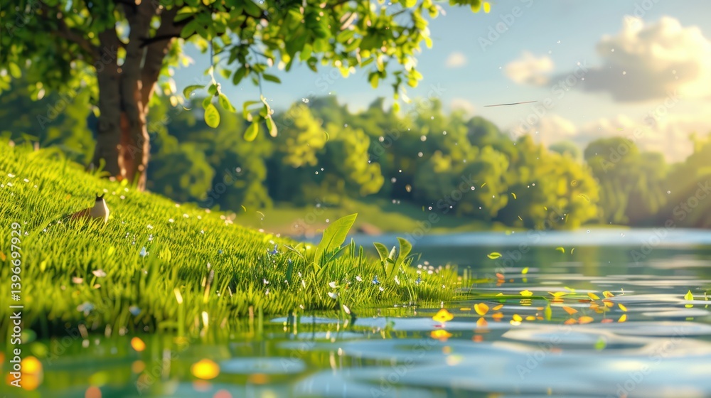 Serenity in Nature: Tranquil Sunset Reflections on a Peaceful Water Body Surrounded by Lush Greenery and Wildlife.
