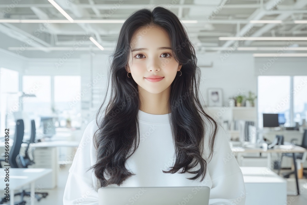 Smiling Asian Businesswoman Working on Laptop in Modern Office