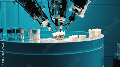 Robotic arms precisely assembling dental implants in a high-tech laboratory, surrounded by prosthetic teeth and sterile containers, symbolizing innovation in dental technology and medical robotics.