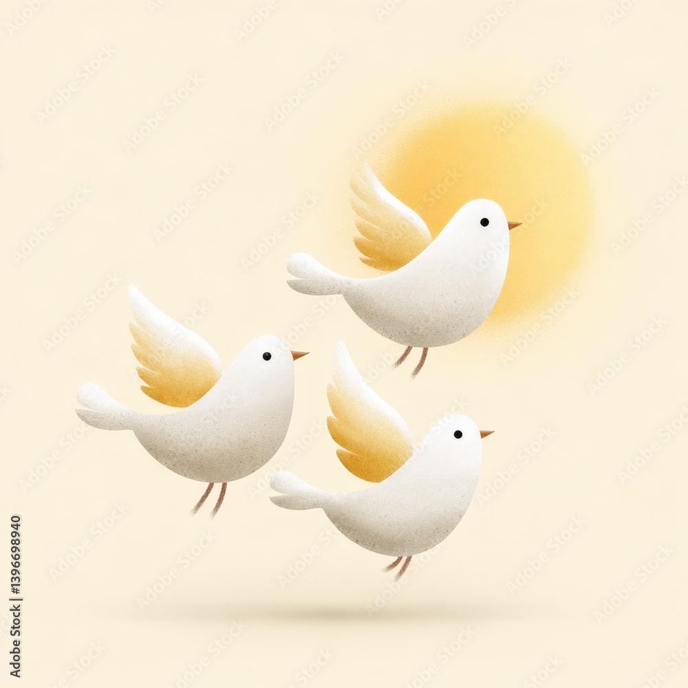 Fototapeta premium Three peaceful doves soaring in a bright sky digital illustration tranquil environment