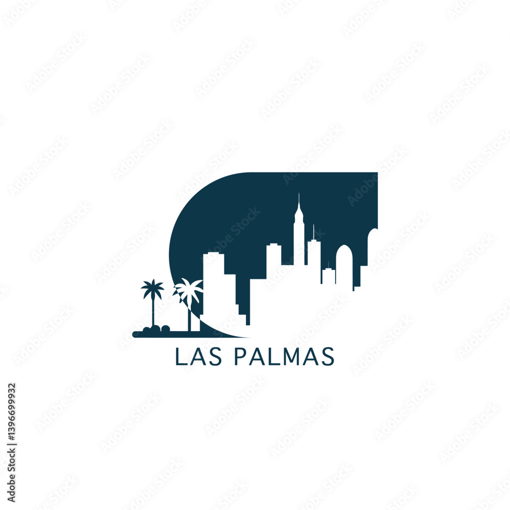 Las Palmas vector icon with skyline, panoramic view, city shape. Spain landmarks logo concept. Blue flat isolated graphic, badge Las Palmas vector icon with skyline, panoramic view, city shape. Spain landmarks logo concept. Blue flat isolated graphic, badge