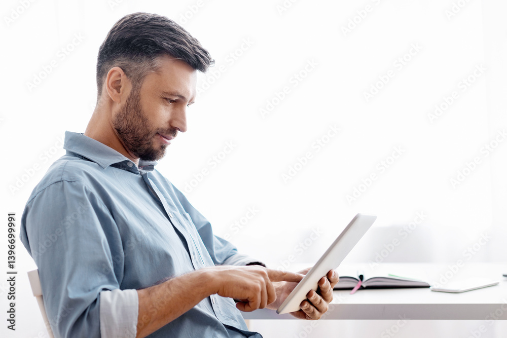 Handsome Freelancer Man Using Digital Tablet While Having Break At Work, Sitting At Desk In Home Office, Browsing Internet Or Social Networks, Checking App, Working Online, Side View With Copy Space Handsome Freelancer Man Using Digital Tablet While Having Break At Work, Sitting At Desk In Home Office, Browsing Internet Or Social Networks, Checking App, Working Online, Side View With Copy Space