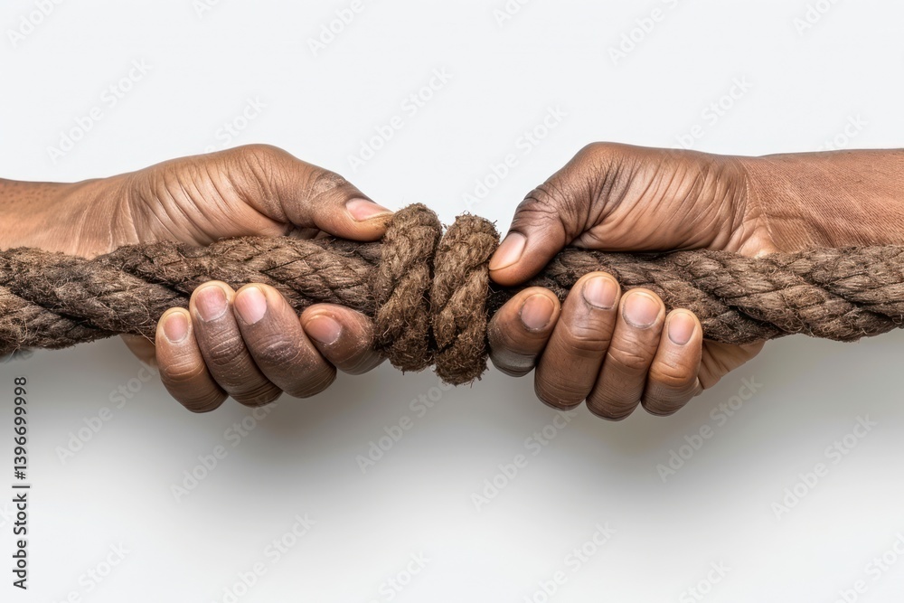 Happy adult friends playing tug of war with teamwork strategy by grey wall