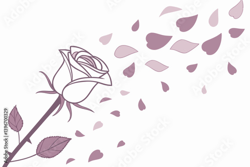 Single rose bloom with flying petals in silhouette design, classic romantic flower vector for tattoo, love-themed poster, floral logo, vintage decoration, or elegant botanical art.