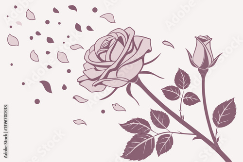 Beautiful blooming rose with scattered petals, vintage floral silhouette vector in monochrome style, perfect for romantic greeting cards, wedding invitations, or minimalist wall art.