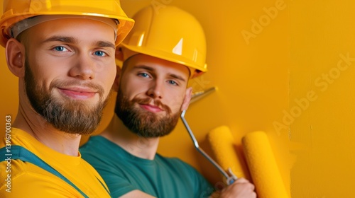 Cheerful House Painters Ready to Transform New Apartment Building with Paint Rollers in Hand, Contractors Smiling and Eager to Begin Renovation Project