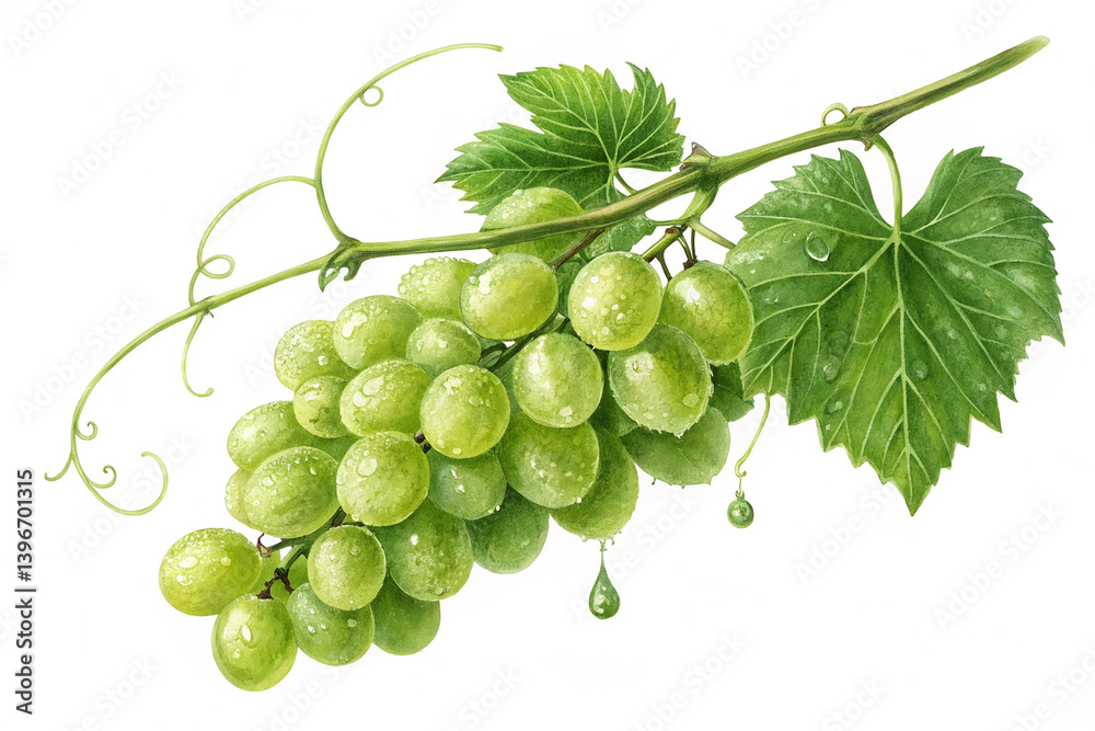 Fresh green grapes hanging on a vine isolated on white background. Fresh green grapes hanging on a vine isolated on white background.