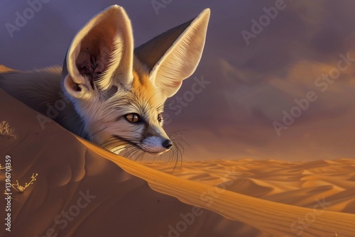 A fennec fox peeking from a desert dune, enormous ears perked, golden sand glowing under a twilight sky, ultra detailed