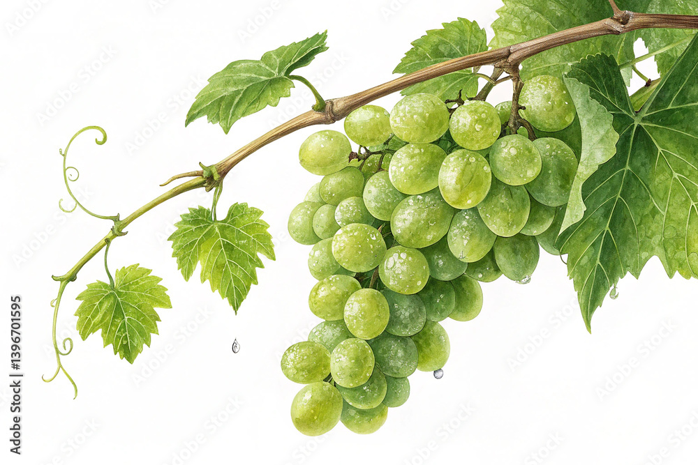 Fototapeta premium Fresh green grapes hanging on a vine isolated on white background. 