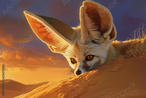 A fennec fox peeking from a desert dune, enormous ears perked, golden sand glowing under a twilight sky, ultra detailed fur and