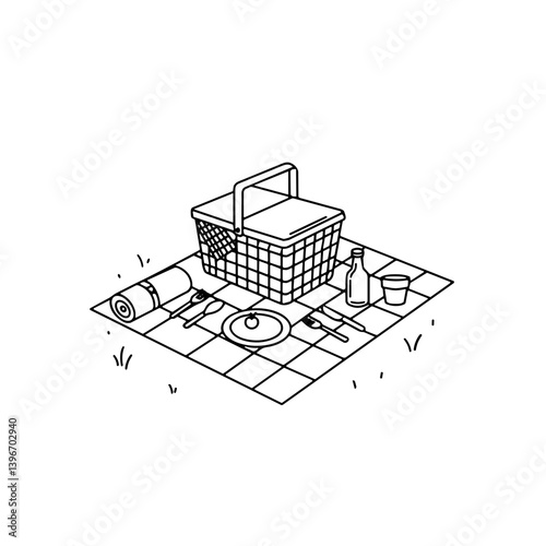 Picnic basket and utensils on a checkered blanket in grass  