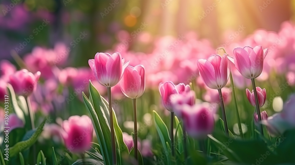 Beautiful Pink Tulips Bathed in Soft Golden Morning Light Beautiful Pink Tulips Bathed in Soft Golden Morning Light